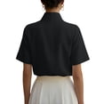 thumbnail image 5 of LEKODE Elegant Split Stand Collar Short Sleeve Shirt for Women, Solid Loose Fit Business Office Commuter Blouse Tops Basic Tees Womens Summer Blouses Dressy Casual Black S, 5 of 6