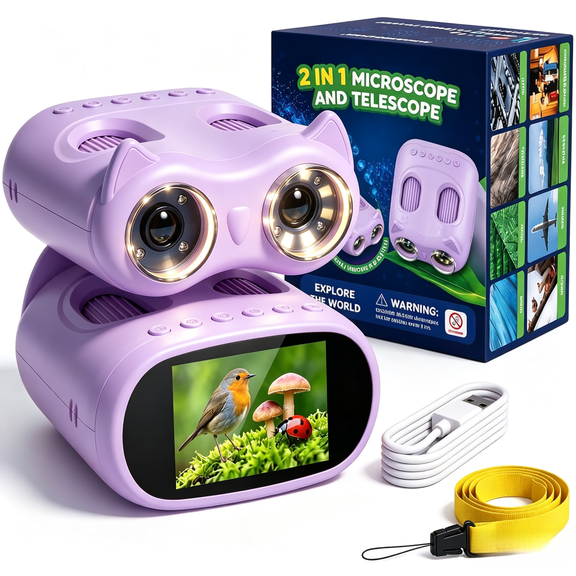 Kids 2-in-1 Microscope and Telescope Digital Camera with LED Light, Rechargeable Handheld Explorer for Nature, Purple