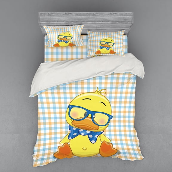 Ambesonne Cartoon Bedding Set 4 Pcs, Hipster Boho Cool Duck, Queen, Orange Yellow Blue