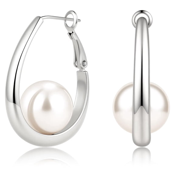 Eyeshock Silver Hoop Earrings for Women,Pearl Teardrop Hypoallergenic Earrings with 925 Silver Post,White Gold Plated Statement Hoops for Gift