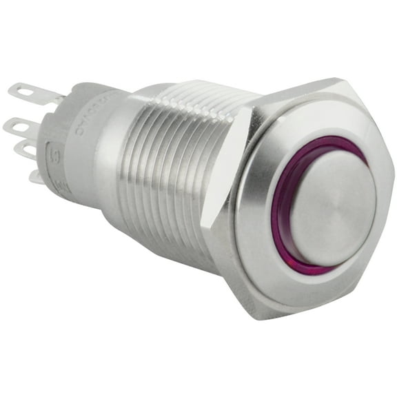 JacobsParts Momentary Pushbutton Starter Switch Circular Metal Silver with Purple LED fits 5/8" (16mm) Diameter Panel Cutout Hole