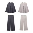 thumbnail image 2 of HH TRAF 2024 Traje de pantalón liso para mujer, elegante camisa ajustada con cuello en V y manga larga con cordones + Pantalones anchos holgados con cintura elástica a la moda, 2 of 4