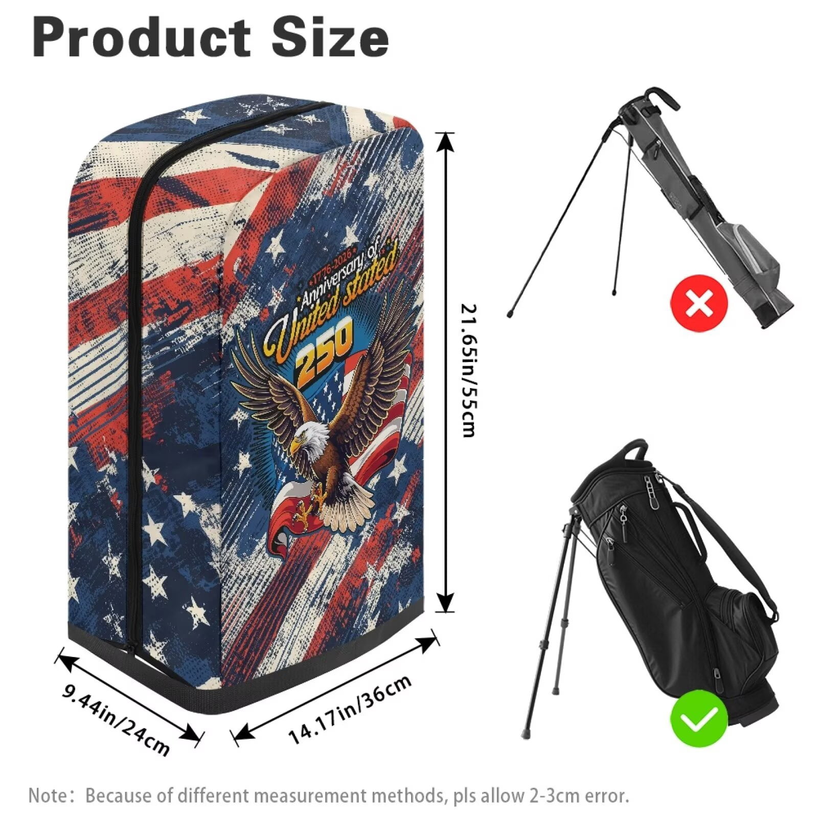 Yuyamidu 250 Annviersary USA Golf Bag Cover Eagle Dust and Sun Protection Golf Bag Umbrella for Clubs with Snap Button Adjustable Easy Access Fit Most Club Bags