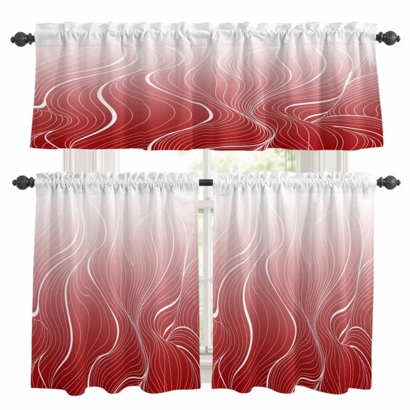 Red Geometric Kitchen Curtains Sets for Windows 24 Inch Length, Modern White Stripe Abstract Distortion Art Rod Pocket Window Treatments Tier Curtains and Valances Set for Bedroom/Bathroom