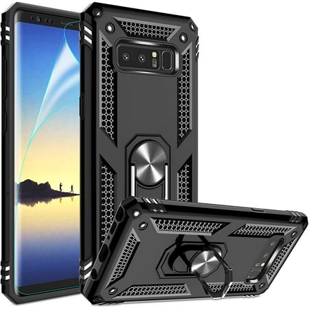 Compatible for Samsung Galaxy Note 8 Case with HD Screen Protector, Military-Grade Shockproof Protective Phone Case with Magnetic Kickstand Ring for Samsung Note 8 Black