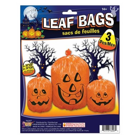 Forum Novelties Pumpkin Jack O Lantern Halloween Decoration Leaf Bags, Orange Black, 3 Pack O 3