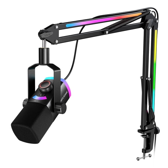FIFINE Ensemble de Microphone de Jeu, Microphone PC Dynamique XLR/USB avec Bras Perche pour l'Enregistrement de Balados, Ensemble de Micro de Diffusion RVB, Tap-to-Mute, Contrôle du Mix, Hea