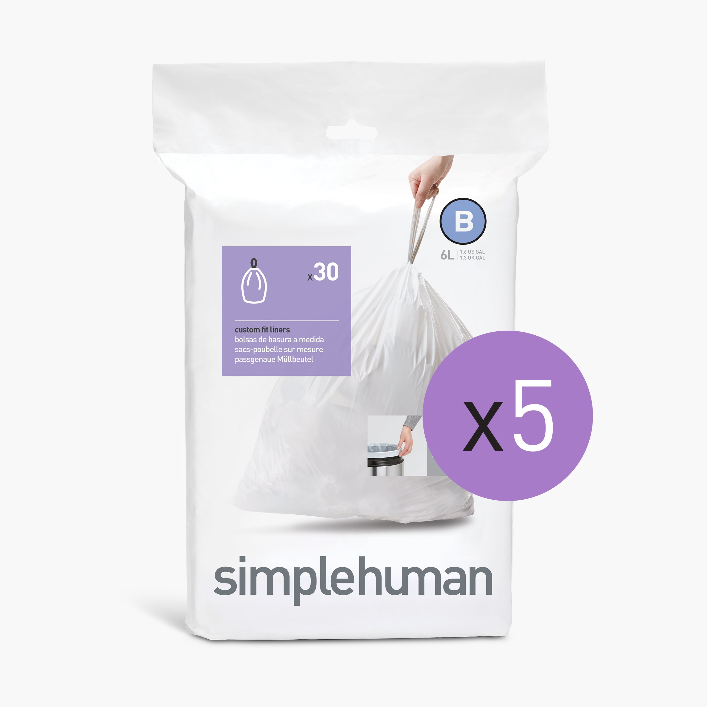 simplehuman Code B Custom Fit Drawstring Trash Bags, 6 Liter / 1.6