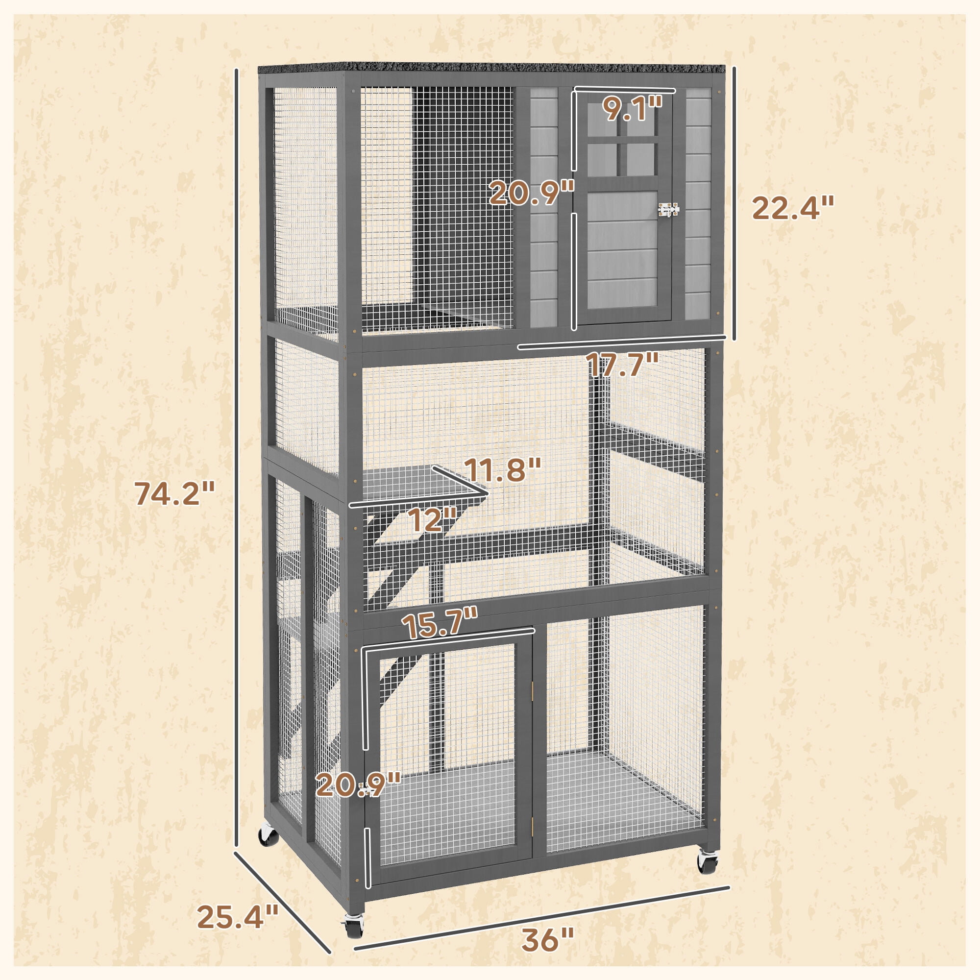 Dog Crate, PawHut 74" Wooden Catio Outdoor Cat House Weatherproof & Wheeled, Outside Cat Enclosure with High Weight Capacity, Kitten Cage Condo, Light Gray, Light Gray Pet Playpen,Steel Chicken Coop