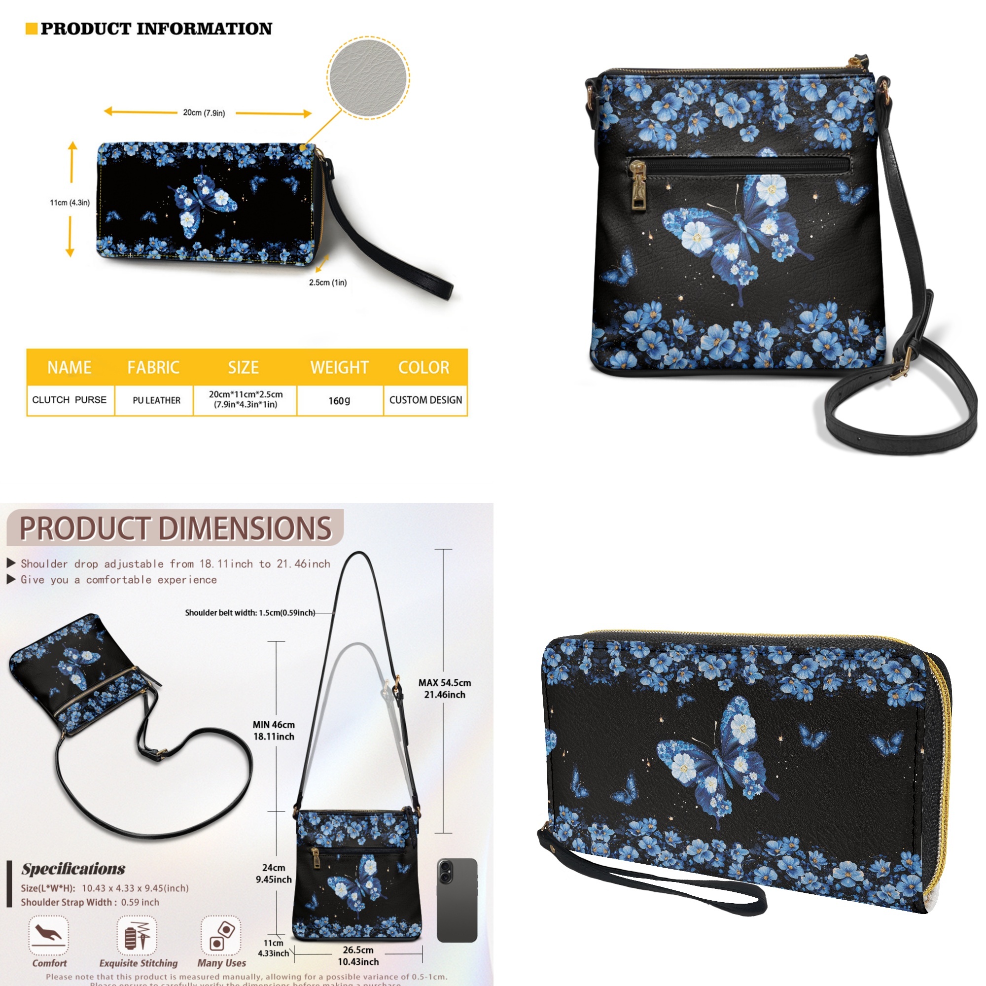 ZUXONGSY Butterfly Flower Print Women's Crossbody Hobo Purse & Wallet Set, PU Leather Satchel Bag with Multi-Pocket Design & Adjustable Strap for Travel & Work