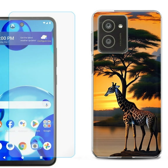 For HMD Vibe Shockproof Phone Case Cover with Tempered Glass Screen Protector, by OneToughShield - Giraffe Sunset