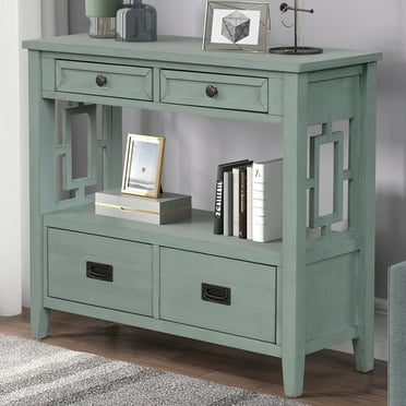 36" Farmhouse Pine Wood Console Table, Entry Sofa Table with 4 Drawers & Storage Shelf for Entryway, Living Room, Bedroom, Hallway, Kitchen-Retro Blue