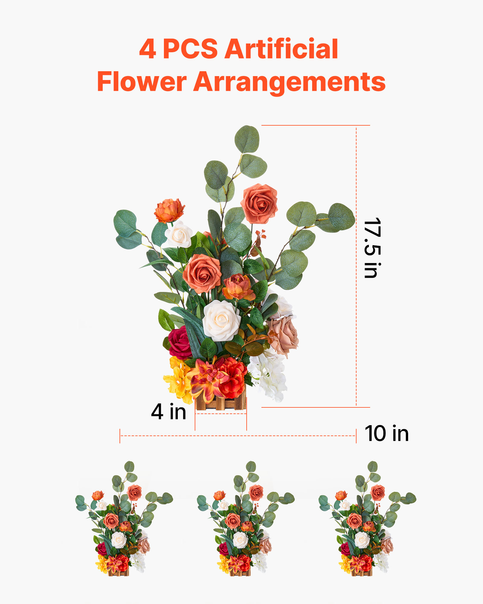 VEVOR Standing Artificial Flowers Arrangements 4 PCS, 17.5-Inch Tall Faux Flower Decorations for Wedding Aisle Runner Chair, Orange Floral Centerpieces for Ceremony Reception Party Outdoor Decor