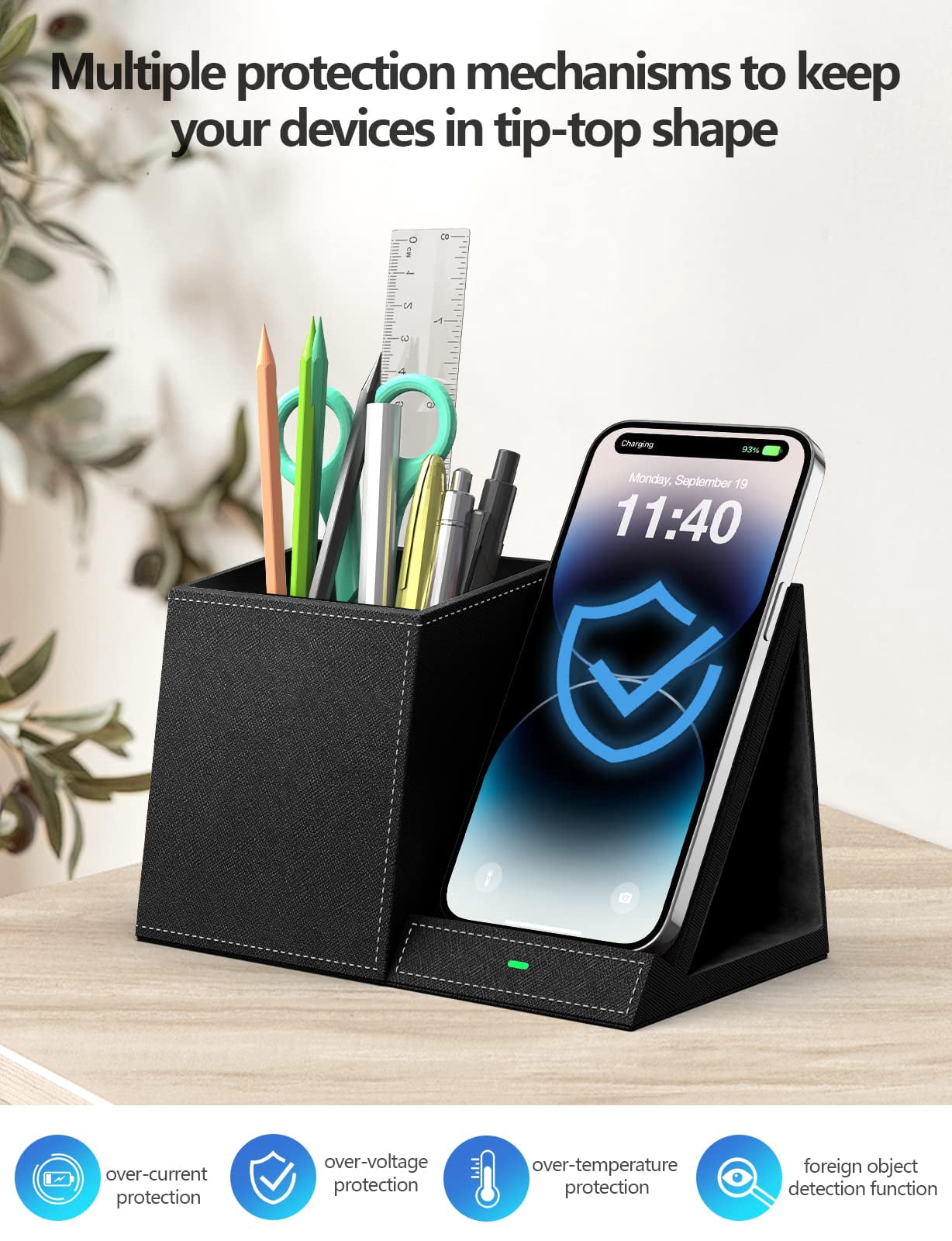 Extrelife Desk Organizer with Wireless Charging for iPhone, PU Leather with Pencil Holder for Desk & Nightstand, Black