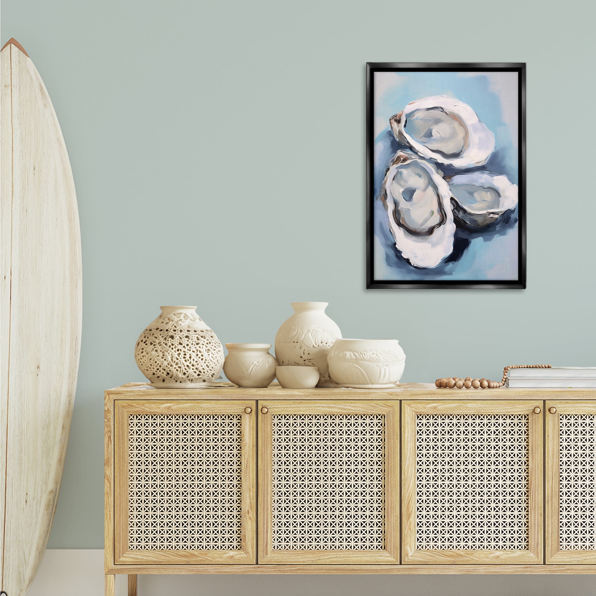 Stupell Industries Three Oyster Seashells Animals & Insects Painting Black Floater Framed Canvas Art Print Wall Art, 21 x 31