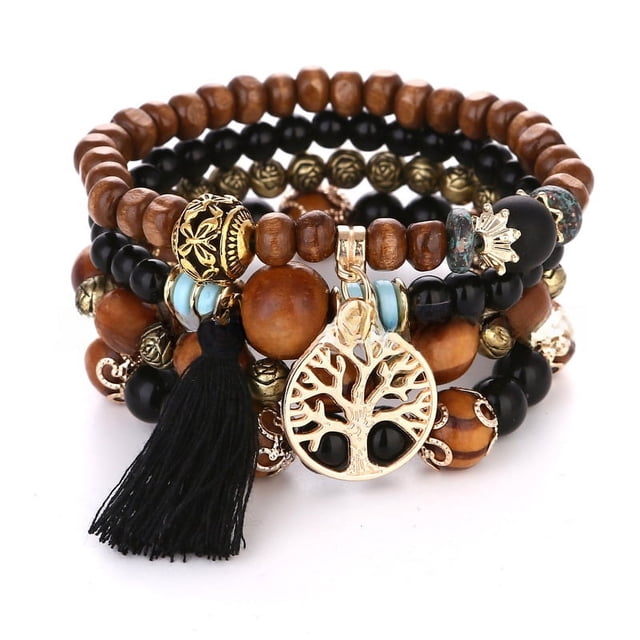 Pulsera elástica de cuentas de madera multicapa de estilo bohemio, pulsera de joyería