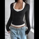 thumbnail image 4 of Camisetas Henley de Larga para Mujer, Blusa Básica Informal de Punto Acanalado con Botones y Corte Ajustado. Negro L, 4 of 7
