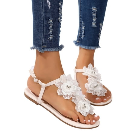 

SIMANLAN Ladies Thong Sandals Flower Flat Sandal T Strap Beach Shoes Womens Fashion Women Summer White 5.5