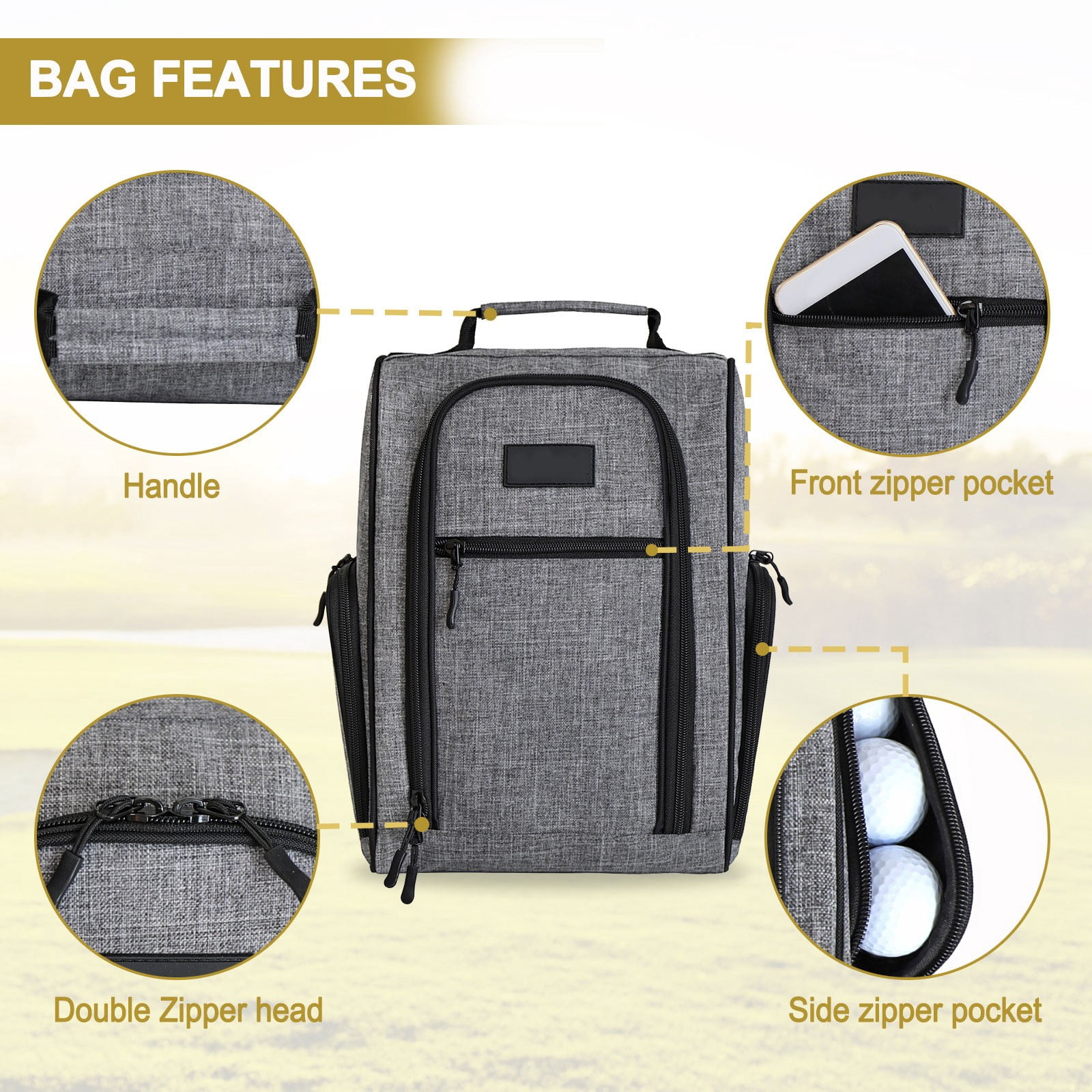 Golf Shoe Bag Breathable Dustproof Oxford Fabric Travel Shoe Case with Pockets Portable Storage Bag for Men Women Gray 14x9.4x6 Inches