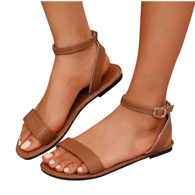 Flat Sandals for Womens Ankle Buckle Strap Open Toe Leather Solid Color Summer Roman Sandals Brown