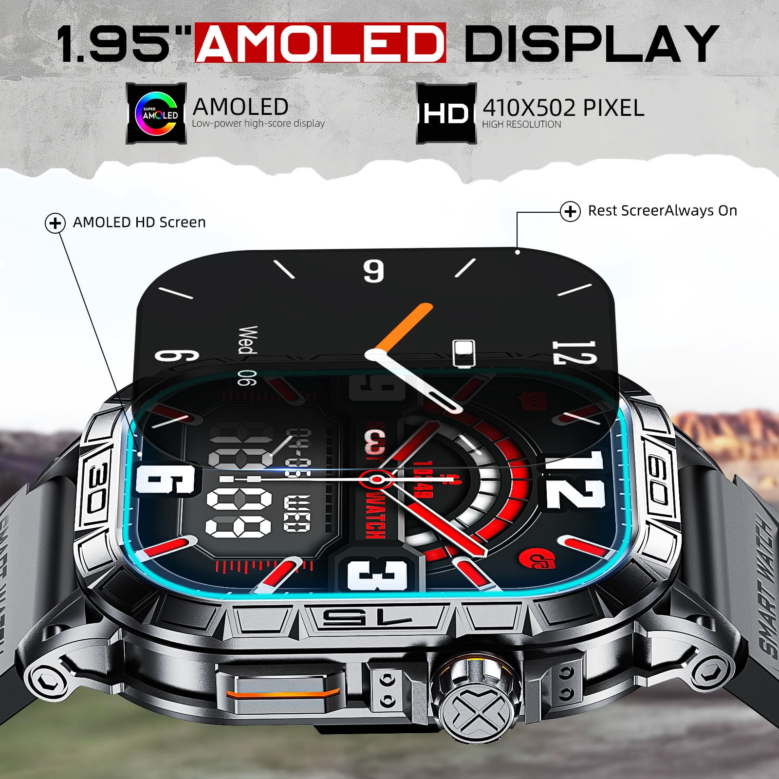 PAKRYS AMOLED Smart Watch for Men, 1.95'' AMOLED 100+ Sports Modes Fitness Watch Outdoor Smartwatch with Compass (Answer/Dial Calls) Watches, for iPhone Android