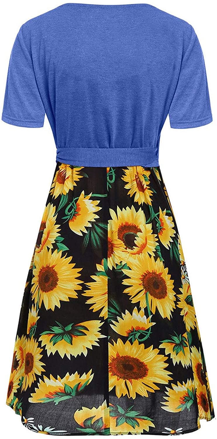 Dresses for Women Casual Summer Knee Length Womens Blouse Retro Sunflower Print Sling Sleeveless Large Swing Dress 