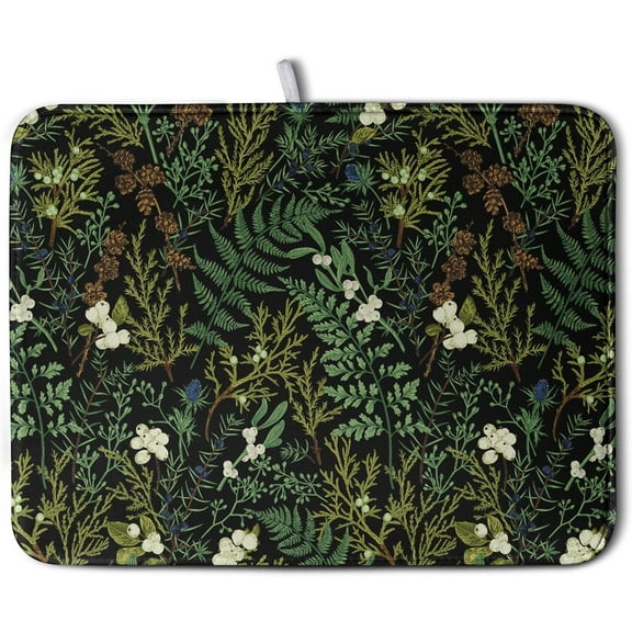Black Sage Green Plant Dish Drying Mat for Kitchen Counter Vintage Botanic Fern Leaves Floral Dish Drainer Mats Absorbent Microfiber Dishes Pad Reusable Washable Large Dish Draining Mat 18x24 Inch