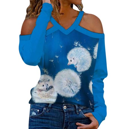 

The Shoulder Tops For Women Sexy 3D Digital Printing Long Sleeve T-Shirt Spring Thin V Neck Pullover Tunics