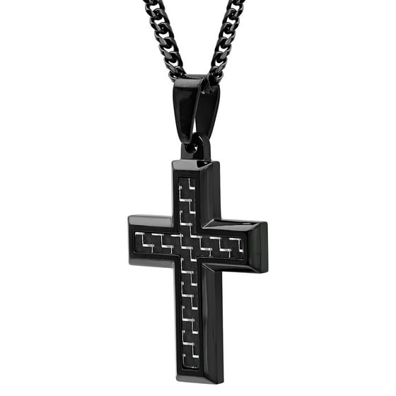 Men's Black IP Stainless Steel Carbon Fiber Cross Pendant Necklace ...