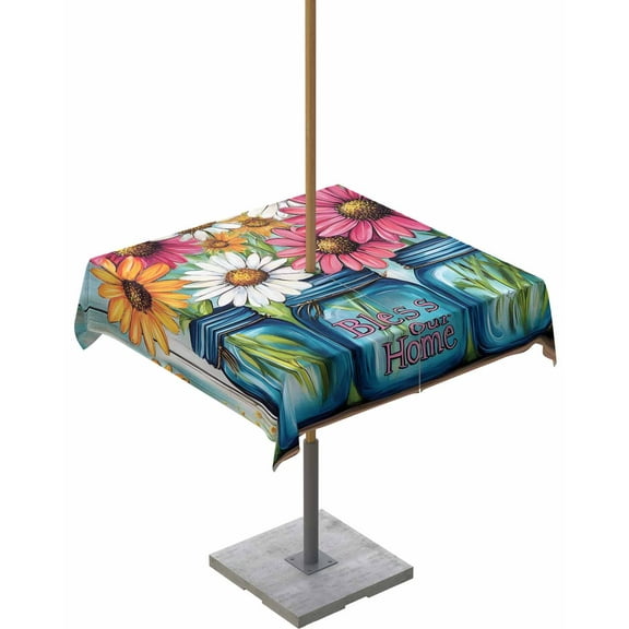 Hokiten Outdoor Tablecloths with Umbrella Hole & Zipper, Red White Daisy 54x54 Inch Square Tablecloths, Vintage Bottle Teal Wooden Grain Waterproof Table Cloth, Patio/Pool/Picnic Table Covers