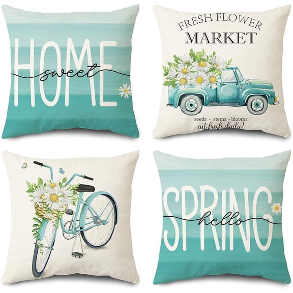 Hello Spring Pillow Covers Sweet Home Daisy Pillowcase Truck Stripe Farmhouse Decorations for Couch Sofa 18x18 Set of 4