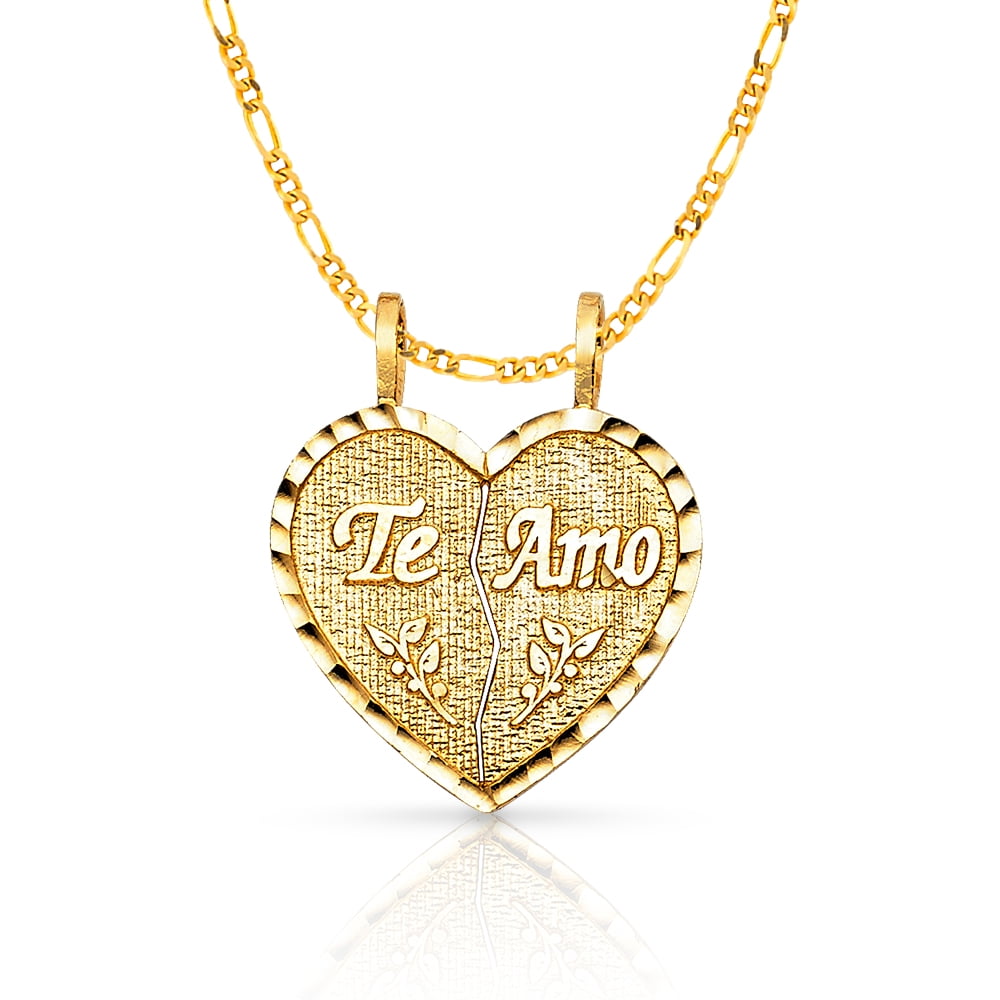 14k Yellow Gold I Love You Heart Hand Sign Charm Pendant with Figaro Chain Necklace