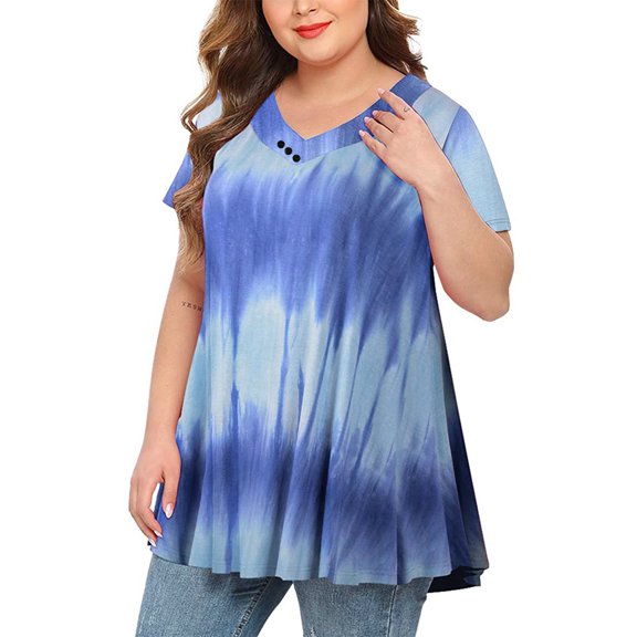 Aloohaidyvio Tops for Women,Women Tops Tie-Dye Print Short Sleeve V-Neck Blouse Pleated Hem Shirt