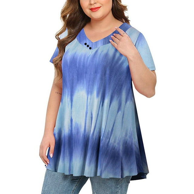 ICHUANYI Clearance Women Plus Size Tops Tie-dye Print Short Sleeve V-neck Blouse Pleated Hem Shirt(Purple, XL) ICHUANYI WER2023080703393