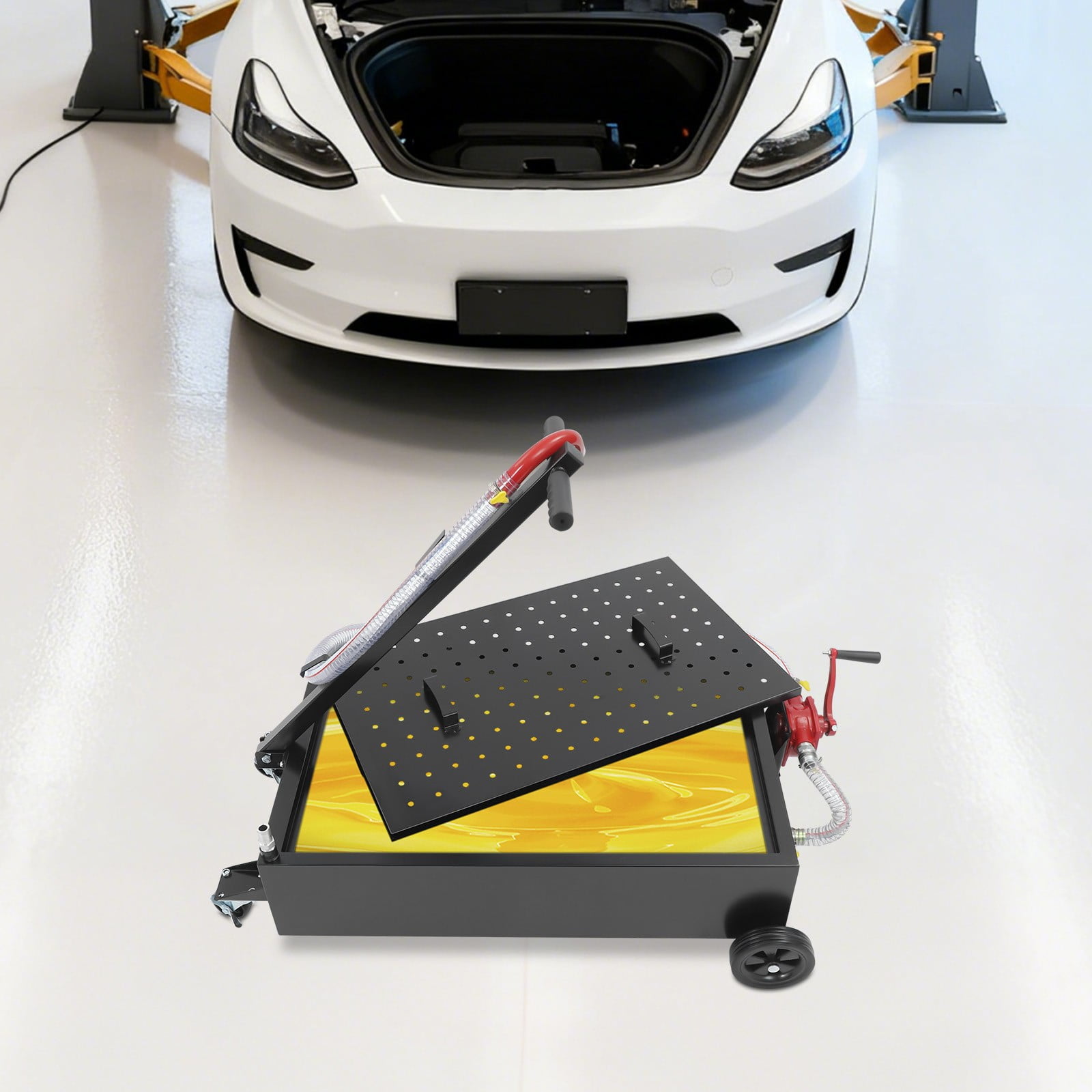 15Gal Oil Drain Pan with Manual Rotary Pump, 7.2ft Hose & Wheels, Heavy-Duty Steel Fluid Collection Tank for Automotive Industrial Workshop