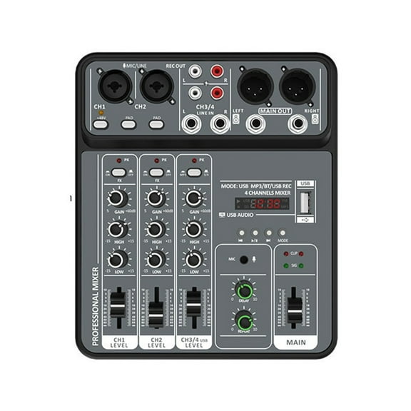 Small Sized 4 Channel USB Mixing Console Portable Sound Mixer Metal Body for Karaoke Songs Black Gray