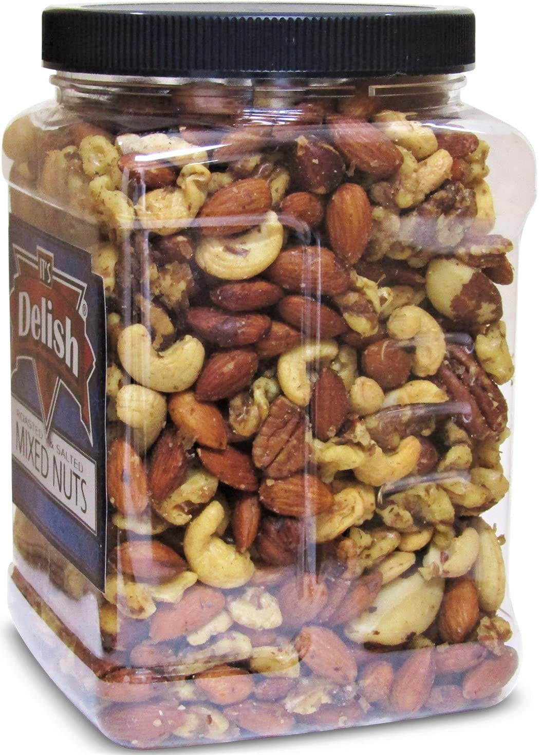 Deluxe Roasted Salted Mixed Nuts in Sea Salt by Its Delish  Bulk 2 lbs Jumbo Reusable Container Jar - Premium Roasted Nut Mix Without Peanuts  Delicious Snacking Nuts  Great Parties Snacks,...