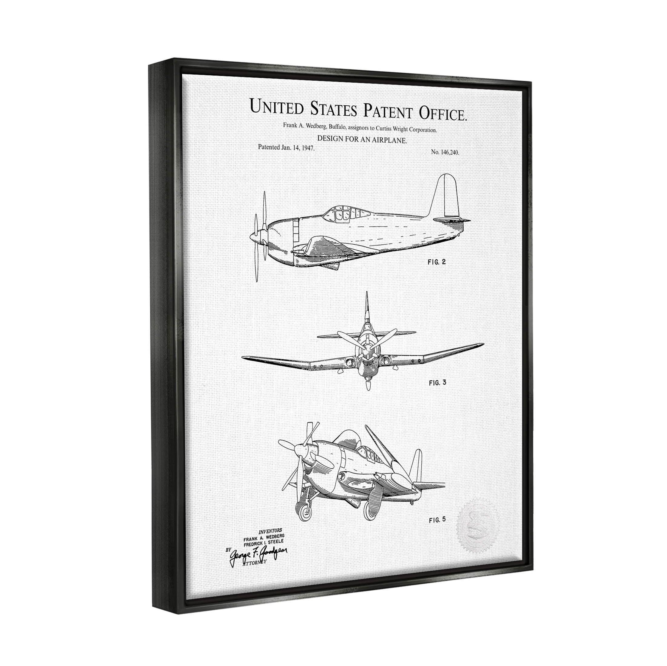 Stupell Industries Intricate Airplane Diagram Graphic Art Jet Black Floating Framed Canvas Print Wall Art, Design by Karl Hronek
