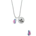 thumbnail image 2 of Delight Jewelry Silvertone Translucent Hot Pink & Blue Flying Butterfly Silvertone Script Initial Disc - N - Charm Necklace, 20"+3", 2 of 4