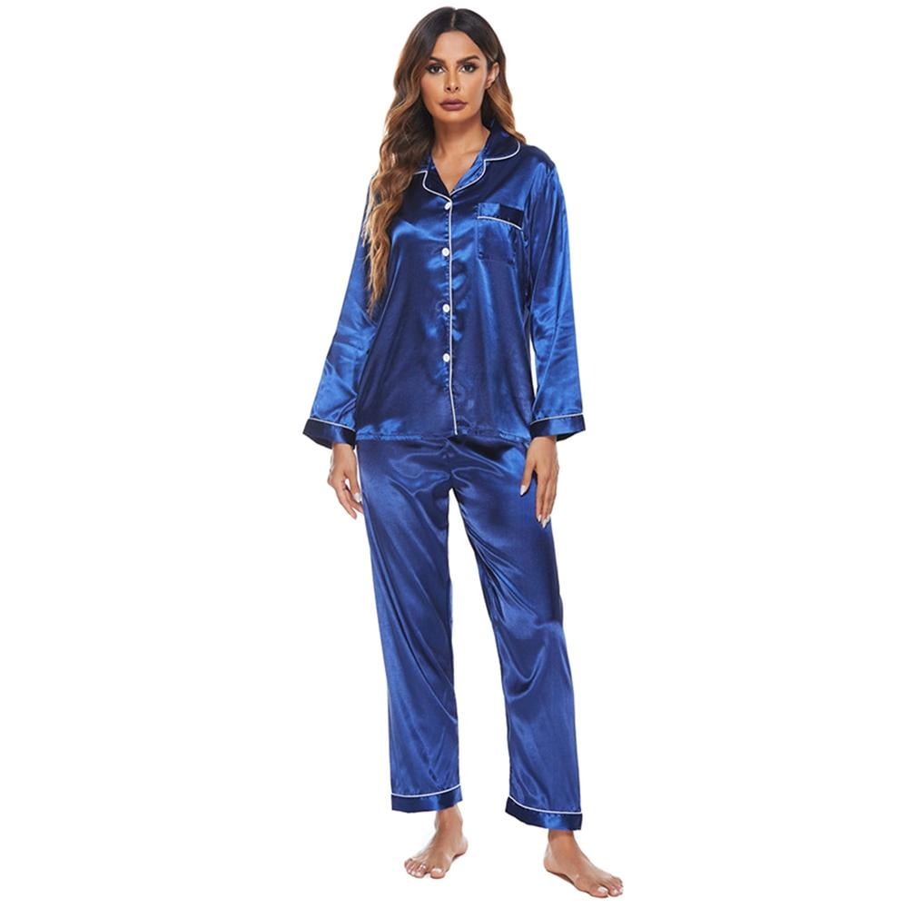 Womens Silk Satin Pajamas Set Button Down Sleepwear Loungewear ...
