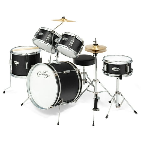 Ashthorpe 5-Piece Complete Junior Drum Set with Brass Cymbals and Drummer's Throne - Black