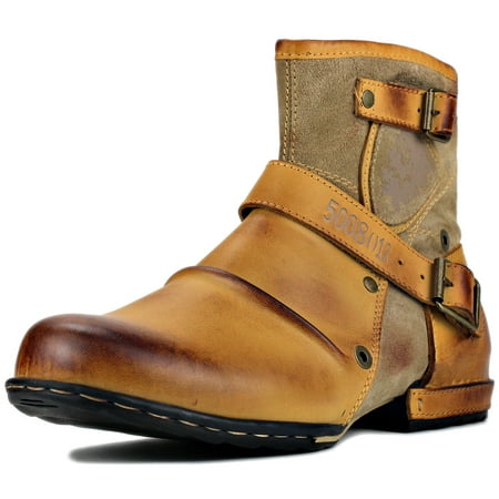 OSSTONE Moto Boots Chukka Boots for Men Fashion Zipper-up Leather Casual Shoes 5008-1-Z-8 Orange