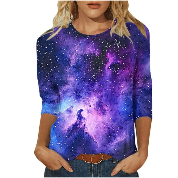 CYMMPU 3/4 Sleeve Blouses for Women Dressy Casual T-Shirts Spring Tops Loose Fit Crew Neck Floral Pattern Fall Trendy Shirts Lightweight Basic Tees Purple XXL