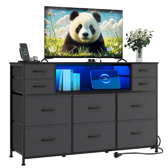 TROPOW 10 Fabric Drawers Dresser with LED Lights, Entertainment Center with Charging Station, Wood Top, Open Shelves, TV Stand for 40"-55" TV, Chest of Drawers for Bedroom Living Room Hallway