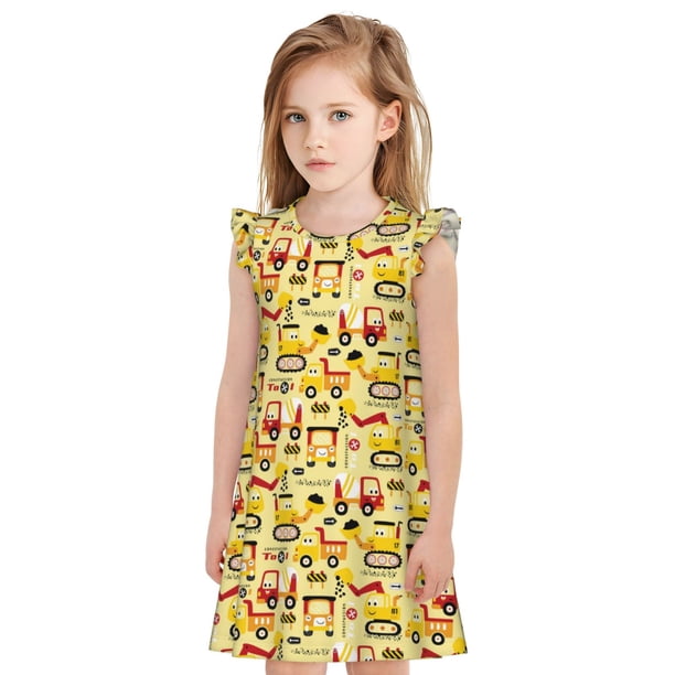 Fotbe Funny Construction Vehicles Vestido de Dormir para Niñas de 3 a 10 Años, Mangas Cortas, Estilo Princesa, Pijama Camisón con Mangas Voladas-Small
