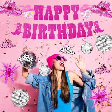 Disco Cowgirl Birthday Party Decorations 22 PCS, Pink Glitter Silver Western Cowgirl Cake Topper Happy Birthday Banner Y2k Hanging Swirls Party Stream