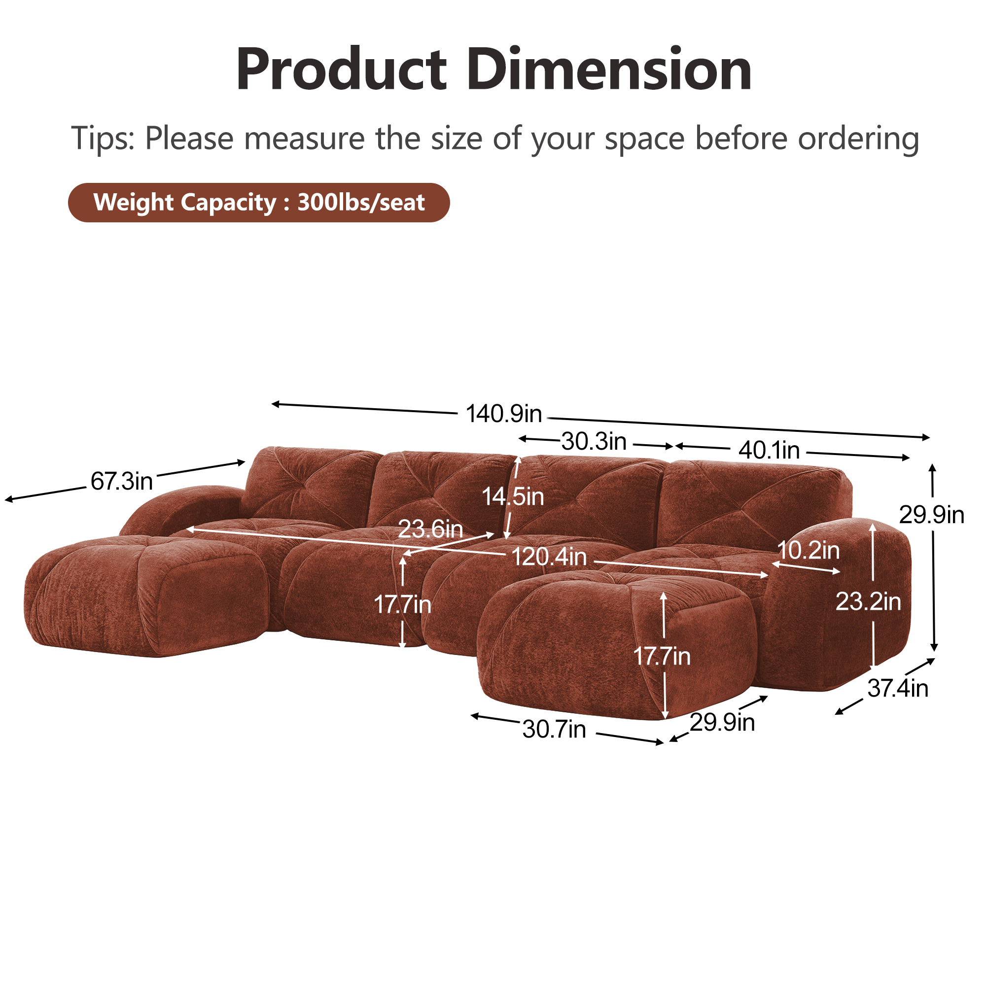 AISWORD 140" 4-Seat U-Shaped Modular Daybed with 2 Ottomans, Ultra-Soft Boneless Sectional with 32D High-Density Foam & Anti-Slip Bottom, No Assembly Required