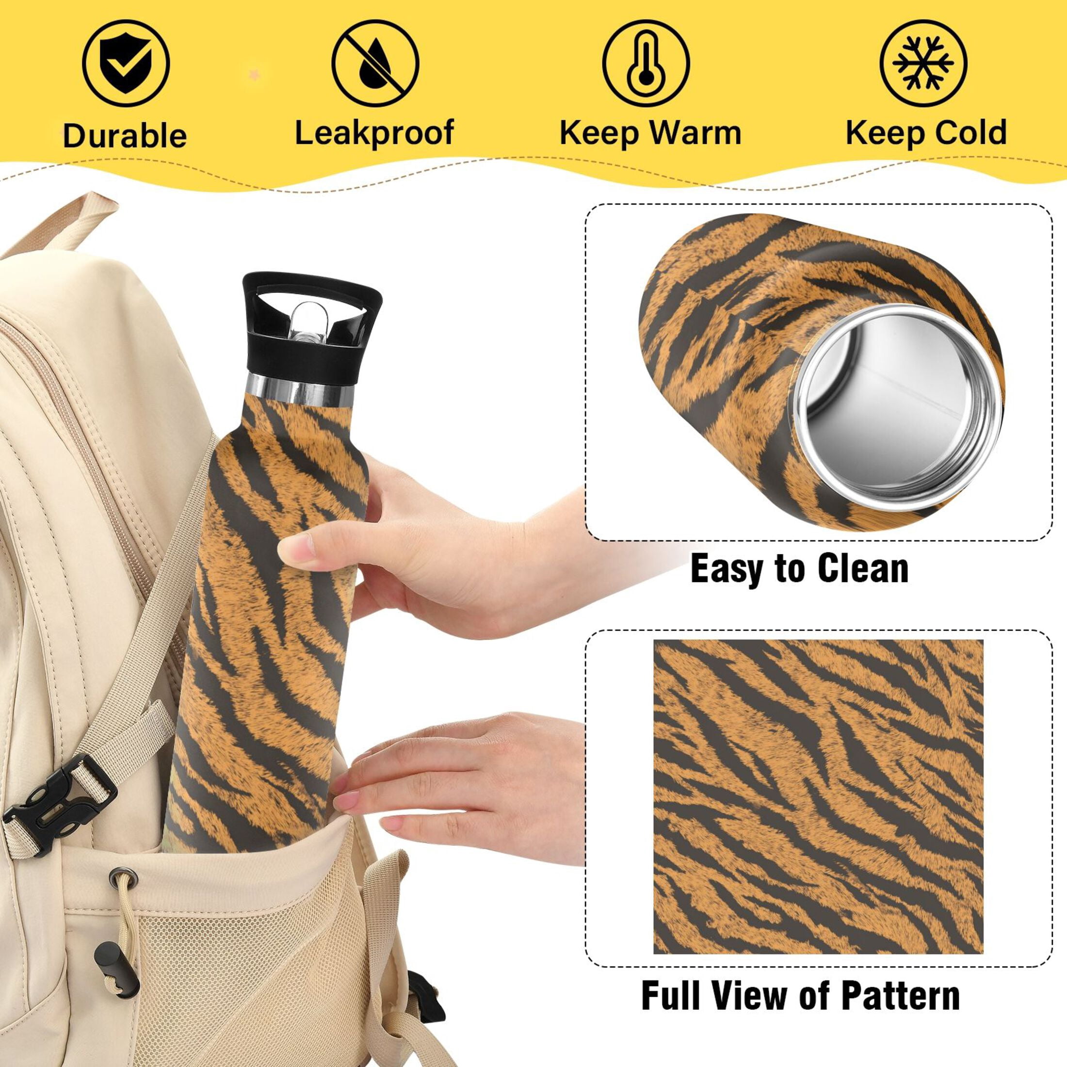 Kids Insulated Stainless Steel Sports Water Bottle 600ml Tiger Stripes Pattern