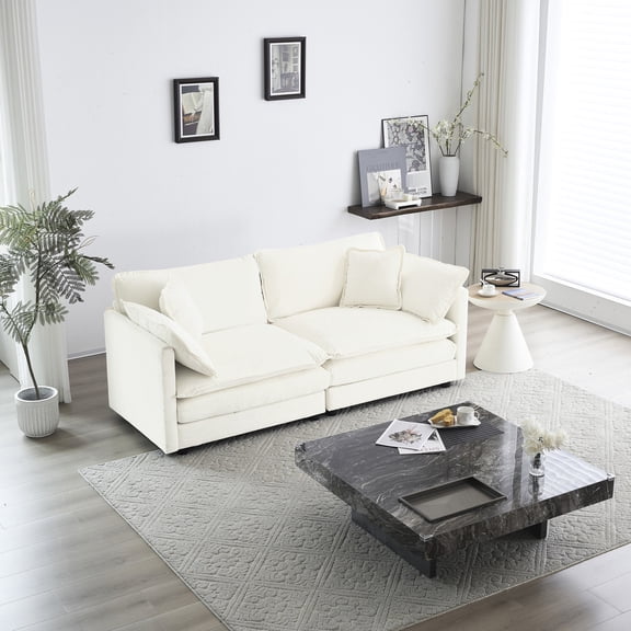 White Chenille Loveseat with Cushioned Backrest / Relaxing in Living Room or Office