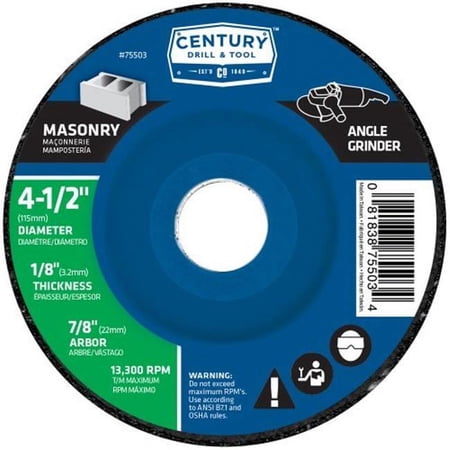 UPC: 0081838755034 | Century Drill & Tool 75503 Masonry Grinding Wheel Type27 – 4.5 x 0.125 in.